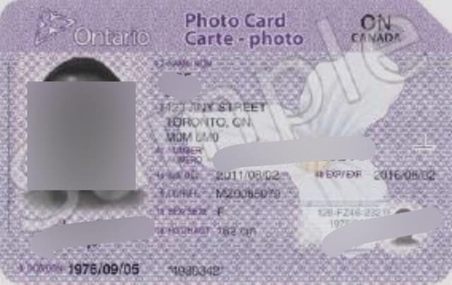 Sample Ontario photo ID card